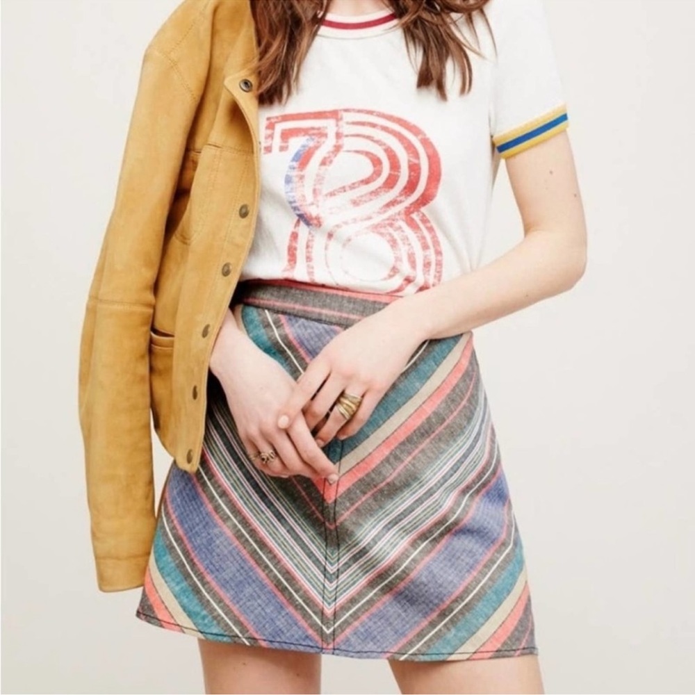 Free People Yours Truly Vintage Red Chevron Stripe Western Linen Mini Skirt 0 XS - Picture 10 of 14